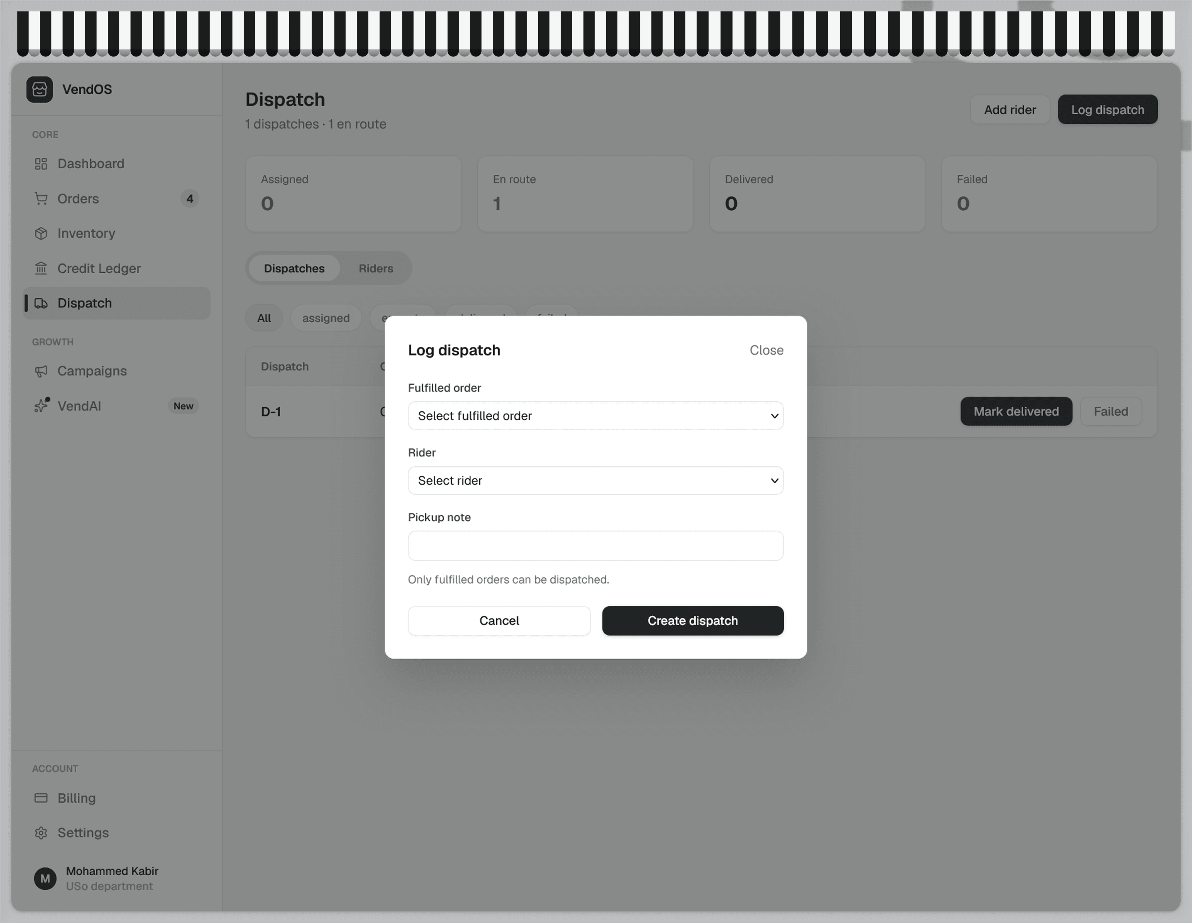 VendOS dispatch workspace